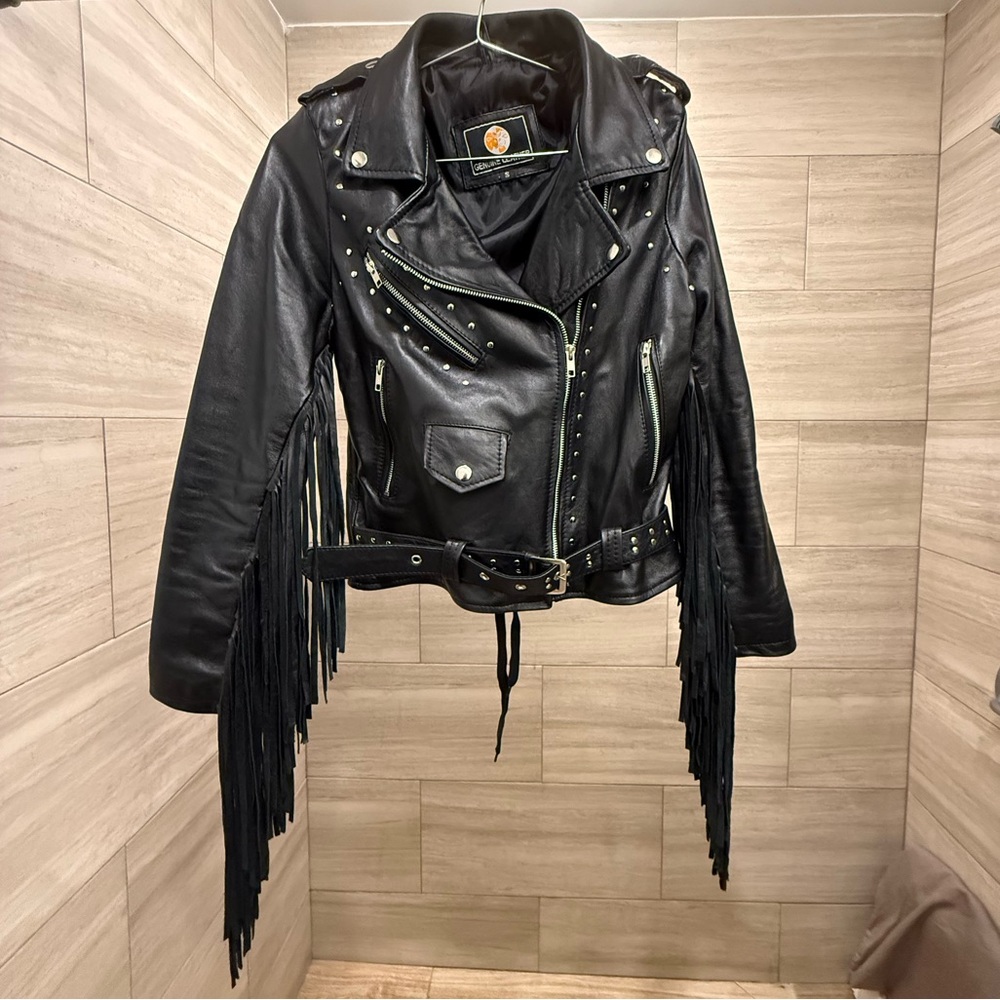 Black Leather Studded Fringe Jacket Sz S
